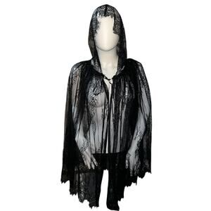 Black Lace Hooded Cape Ribbon Tie Goth Gothic Dark Femme Glamour Party OS